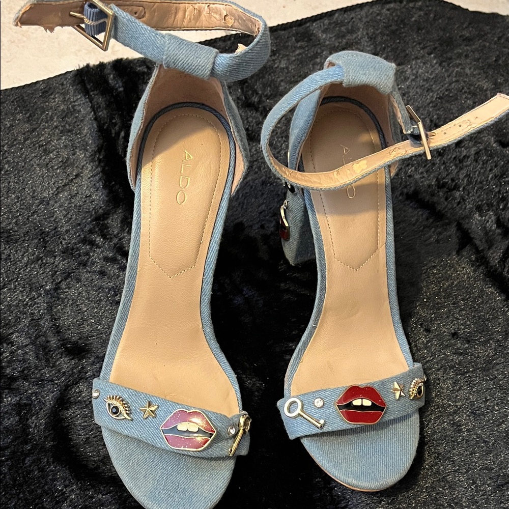ALDO Denim Blue Heels with Fun Embellishments